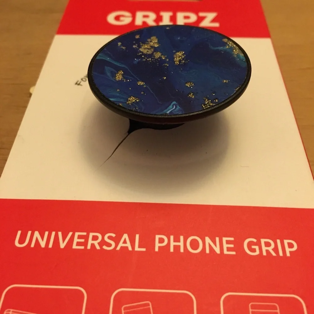 New Universal Phone Grip Blue w/Gold Sparkles Kickstand grip Fidget Pop Socket